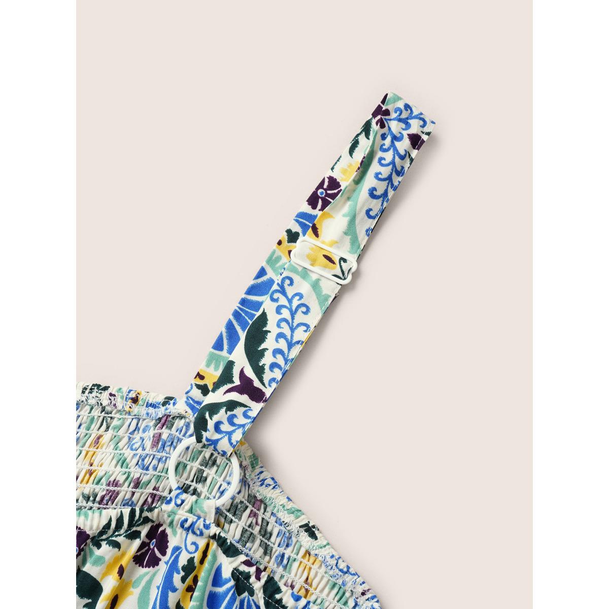 Plus Size Green Boho Print Shirred Belted Adjustable Straps Jumpsuit Women Resort Sleeveless Non Vacation Loose Jumpsuits BloomChic 30/6X Product Image