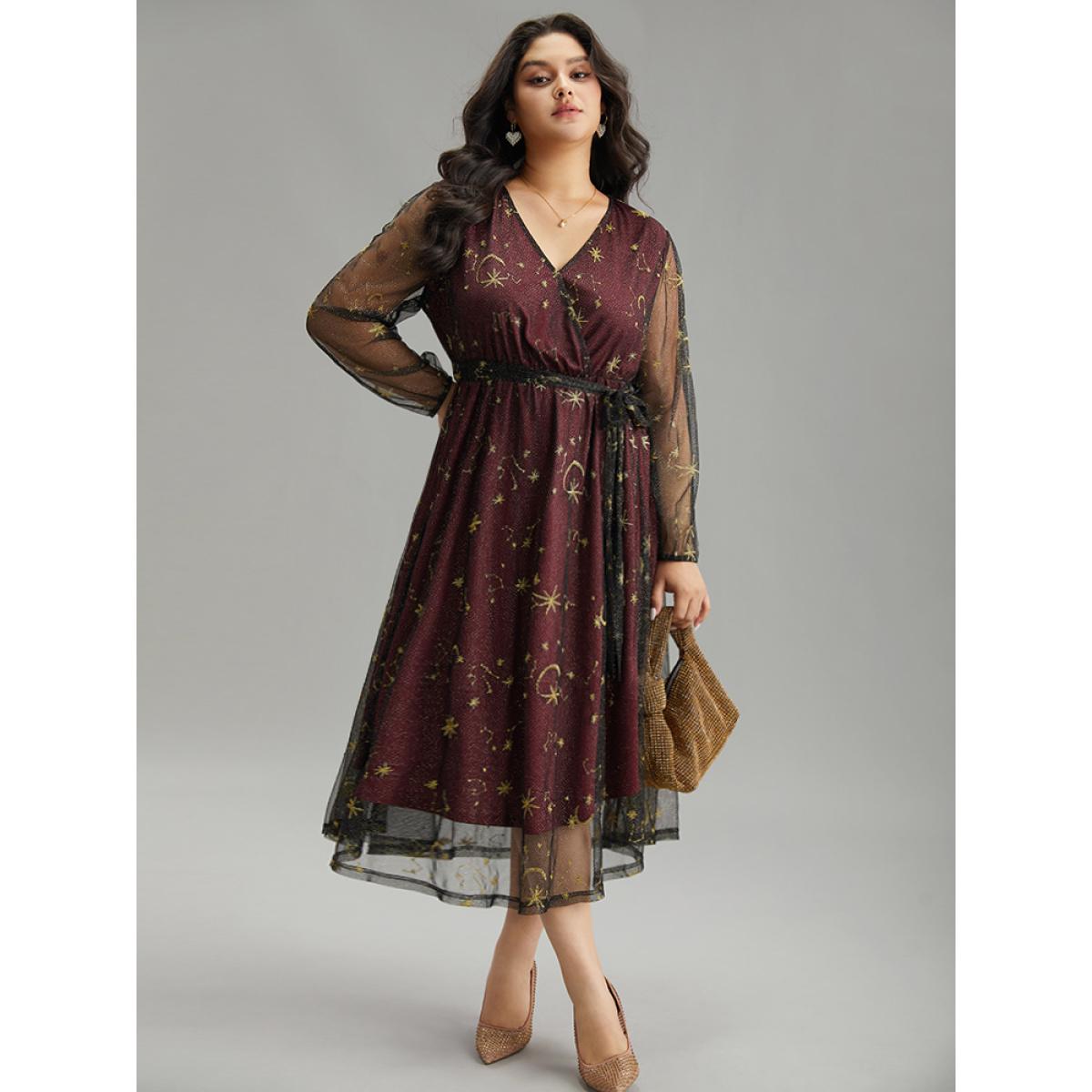 Plus Size Moon & Star Embroidered Mesh Wrap Dress Scarlet Women Party Elastic cuffs Overlap Collar Long Sleeve Curvy Midi Dress BloomChic 28/5X Product Image