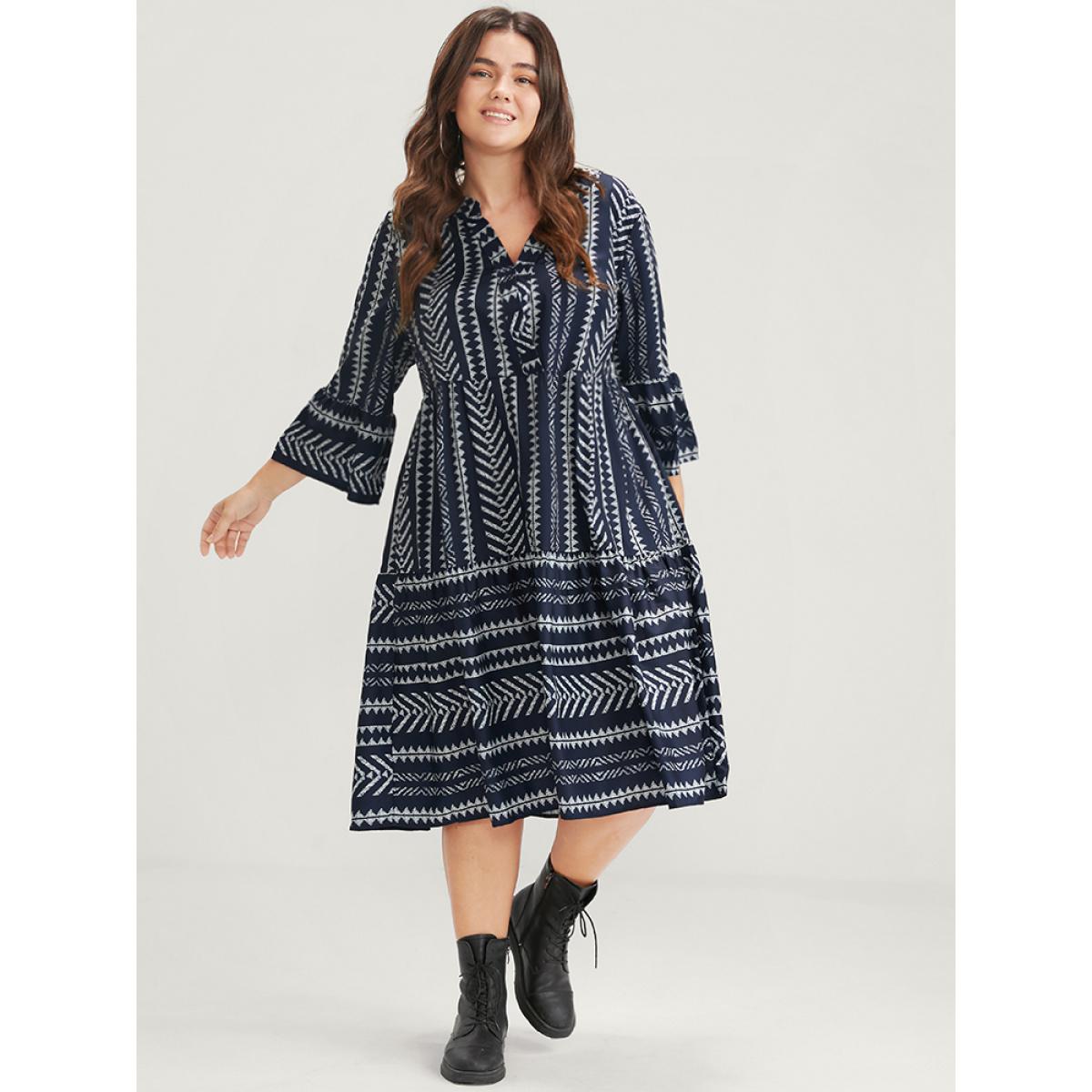 Plus Size Bloom Dress -Geometric Pocket Ruffles V Neck Knee Dress DarkBlue Women Vacation Pocket V-neck Elbow-length sleeve Curvy Knee Dress BloomChic 10/M Product Image