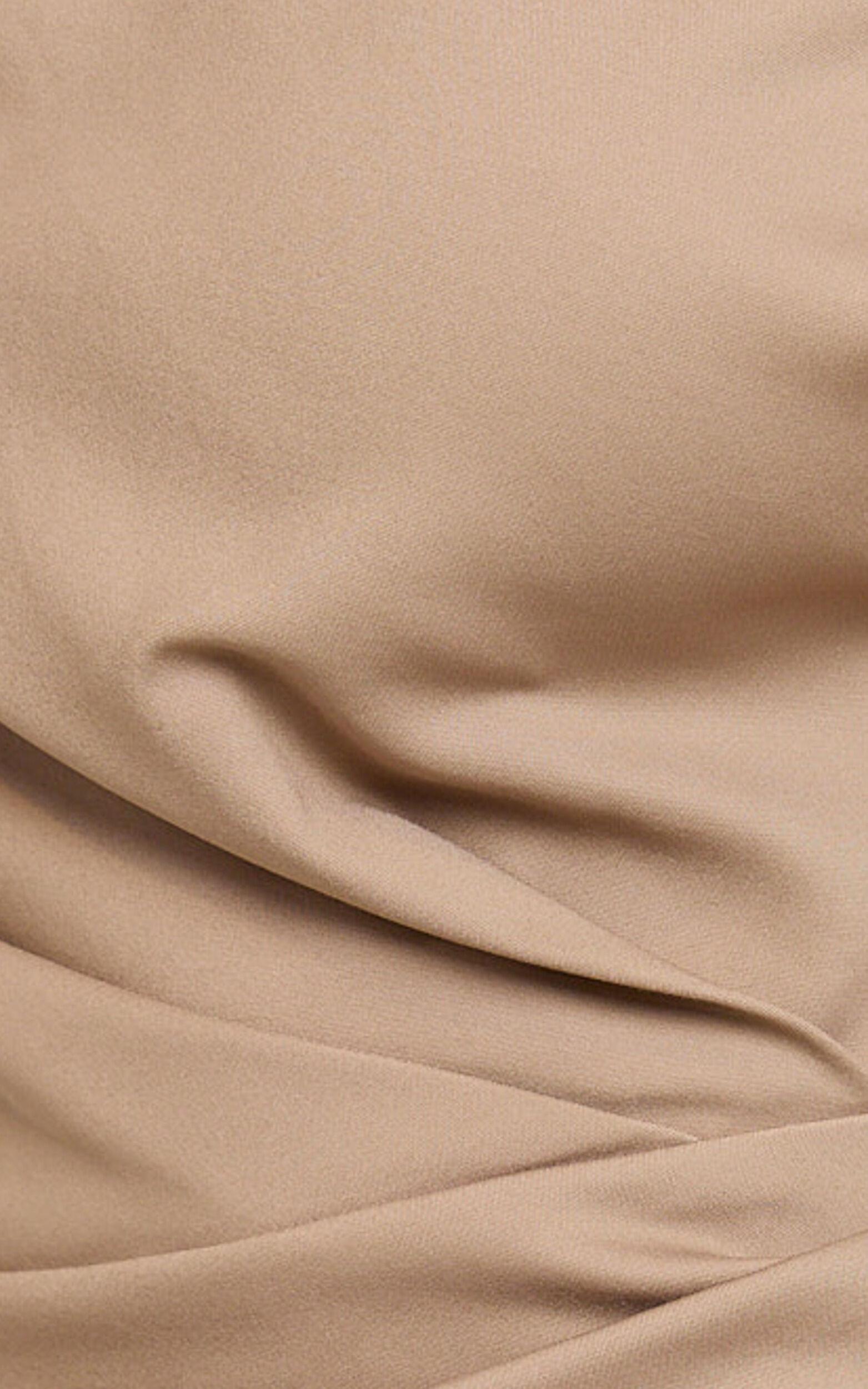 Alexandria Midi Dress - Tip Shoulder Draped Fitted Dress in Mocha Product Image