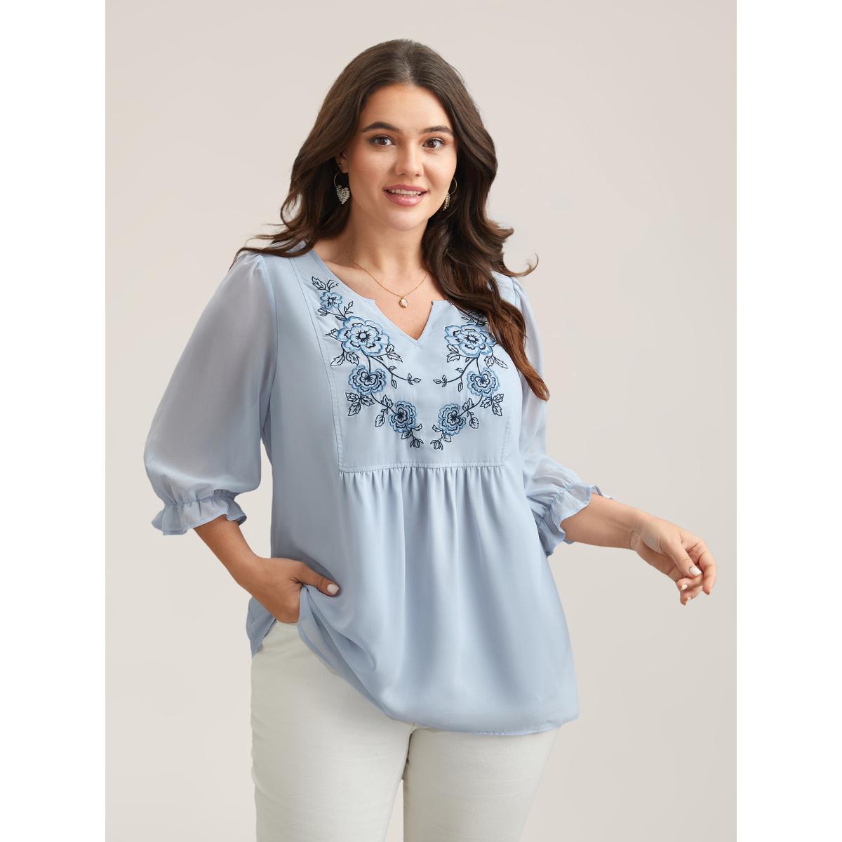 Plus Size LightBlue Chiffon Embroidery Puff Sleeve Pleated Shirt Women Boho Elbow-length sleeve Notched collar Vacation Blouses BloomChic 14-16/1X Product Image