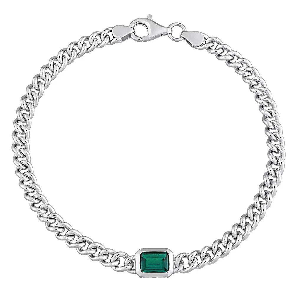 Stella Grace Sterling Silver Octagon Lab-Created Emerald Curb Link Chain Bracelet, Women's, Size: 7.5" Product Image