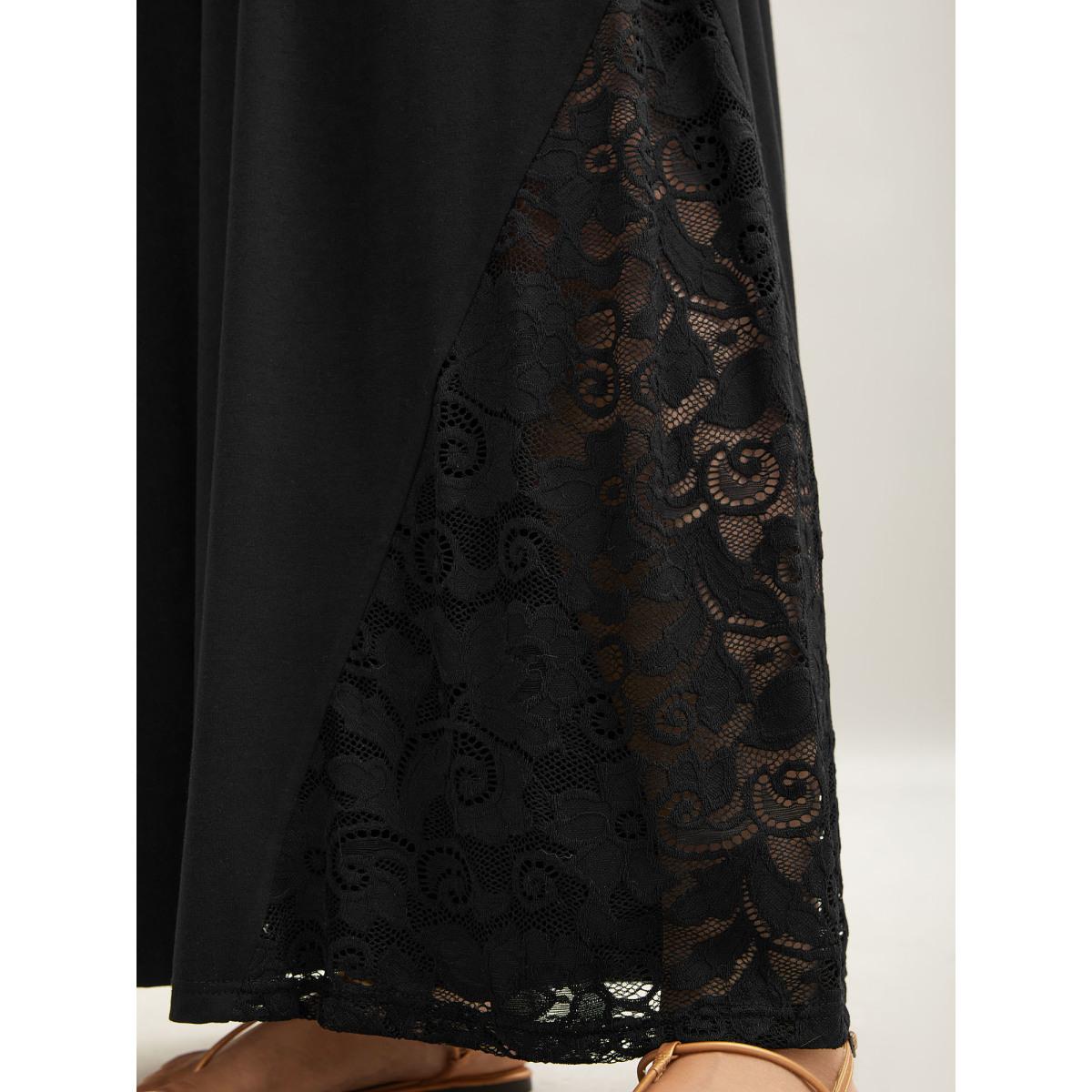 Plus Size Black Very Stretchy Lace Waist-Tie Jumpsuit Women Boho Cap Sleeve V-neck Vacation Loose Jumpsuits BloomChic 12/L Product Image