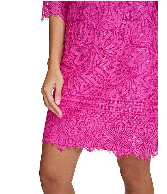 Kensie 3/4 Illusion Sleeve Contrasting Corded Floral Lace Scalloped Hem Sheath Dress Product Image