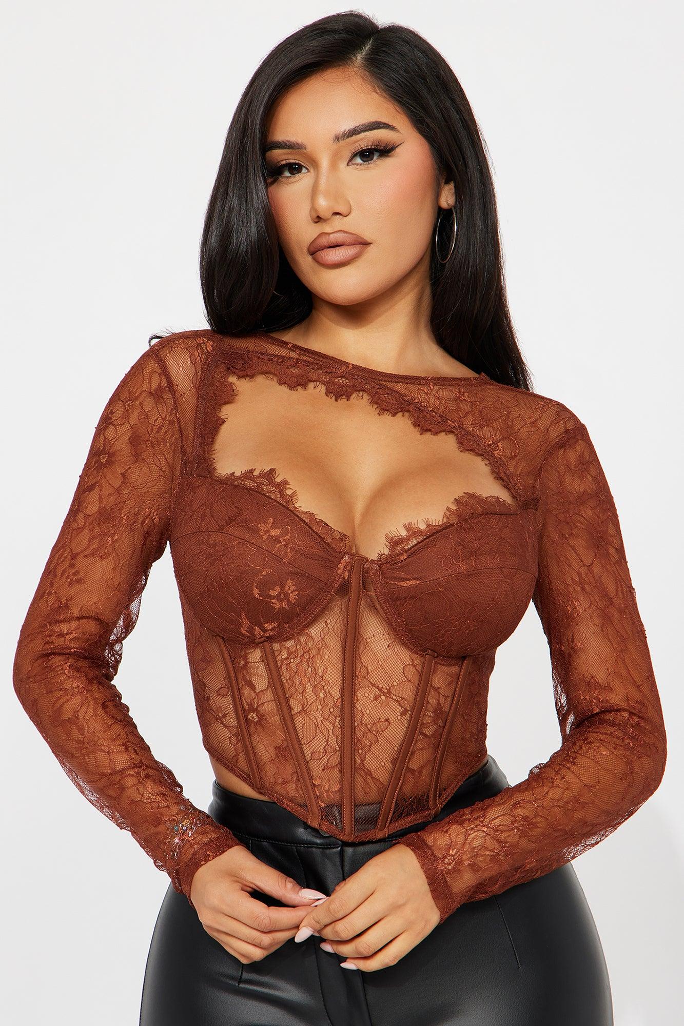 Lingering Feelings Lace Corset Top - Brown Product Image