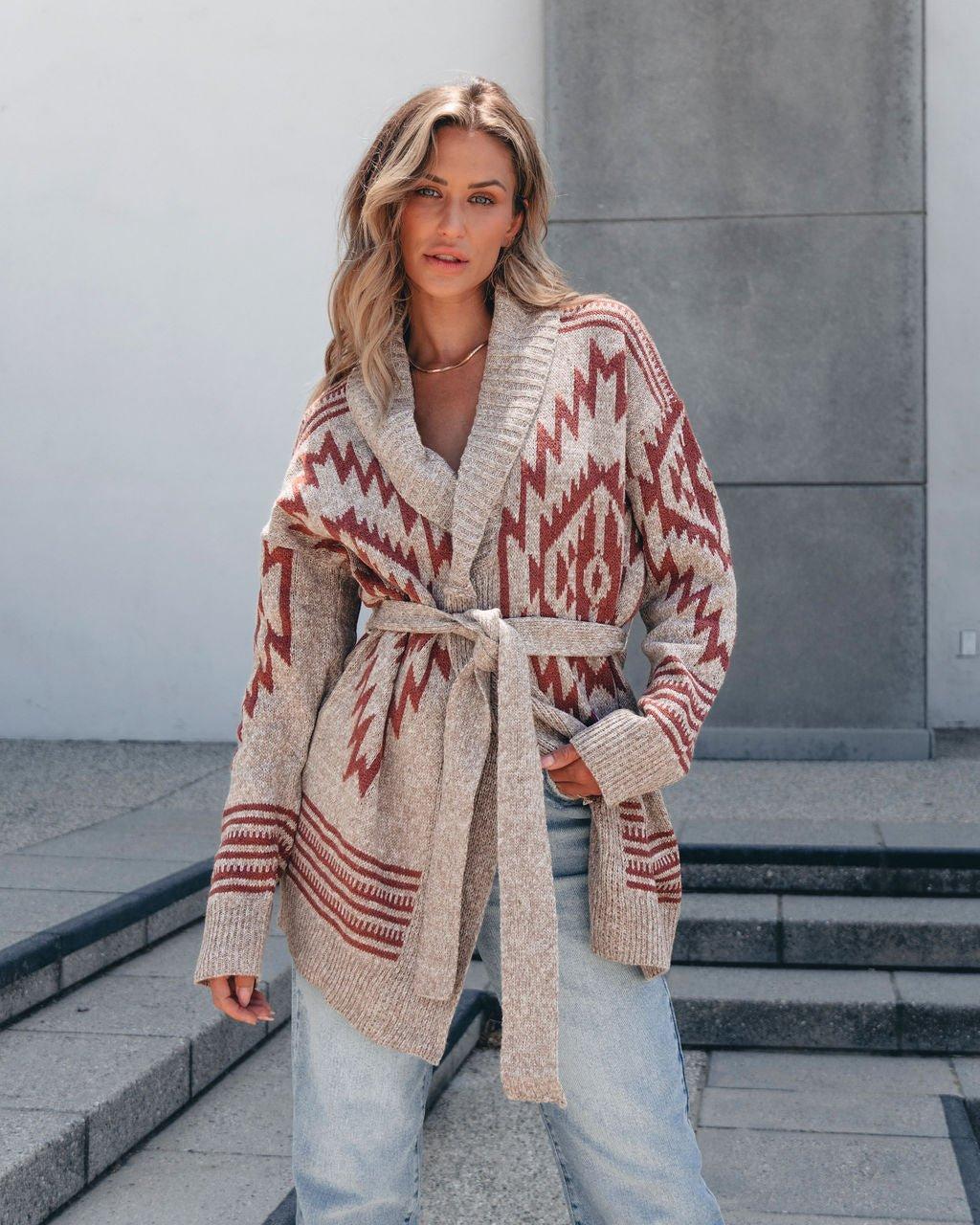 Taupe Aztec Belted Cardigan Female Product Image