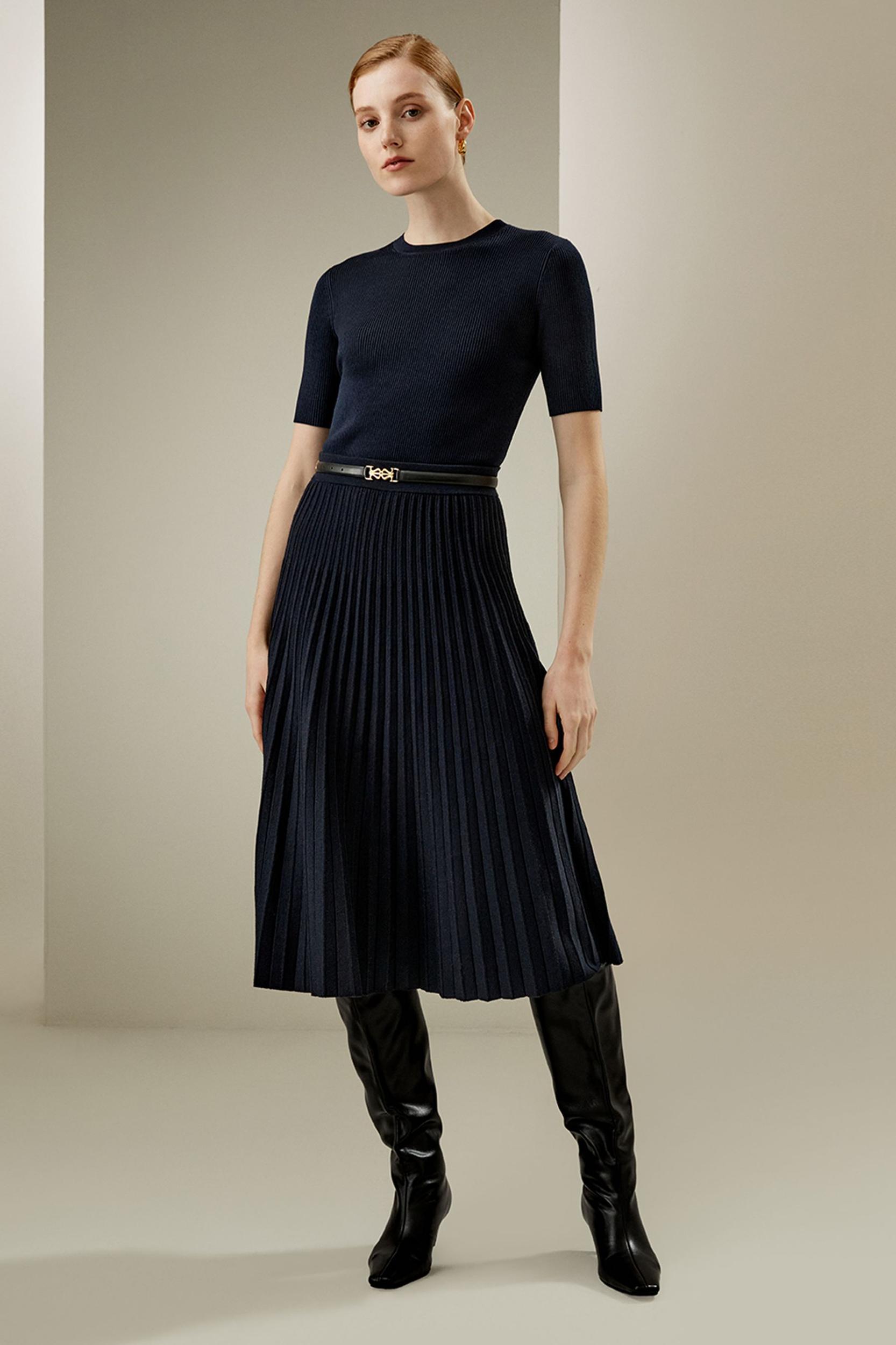 Pleated A-line Merino Wool Skirt Product Image