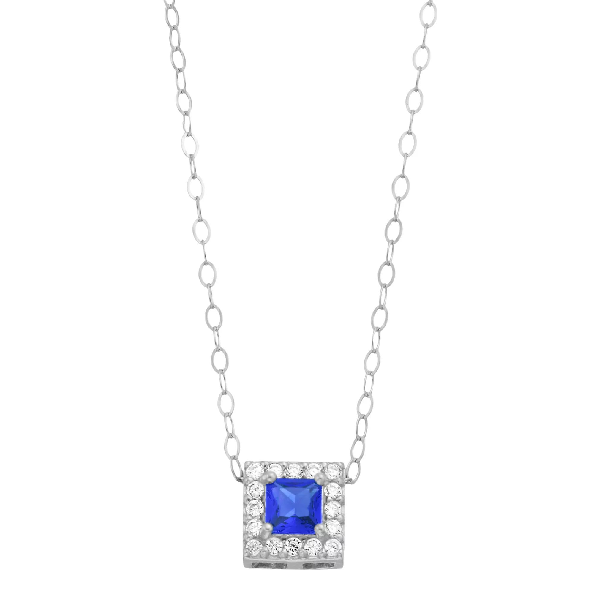 Aleure Precioso Sterling Silver Lab-Created Gemstone & Cubic Zirconia Square Halo Necklace, Women's, Size: 16", Sterling Silver Blue Product Image