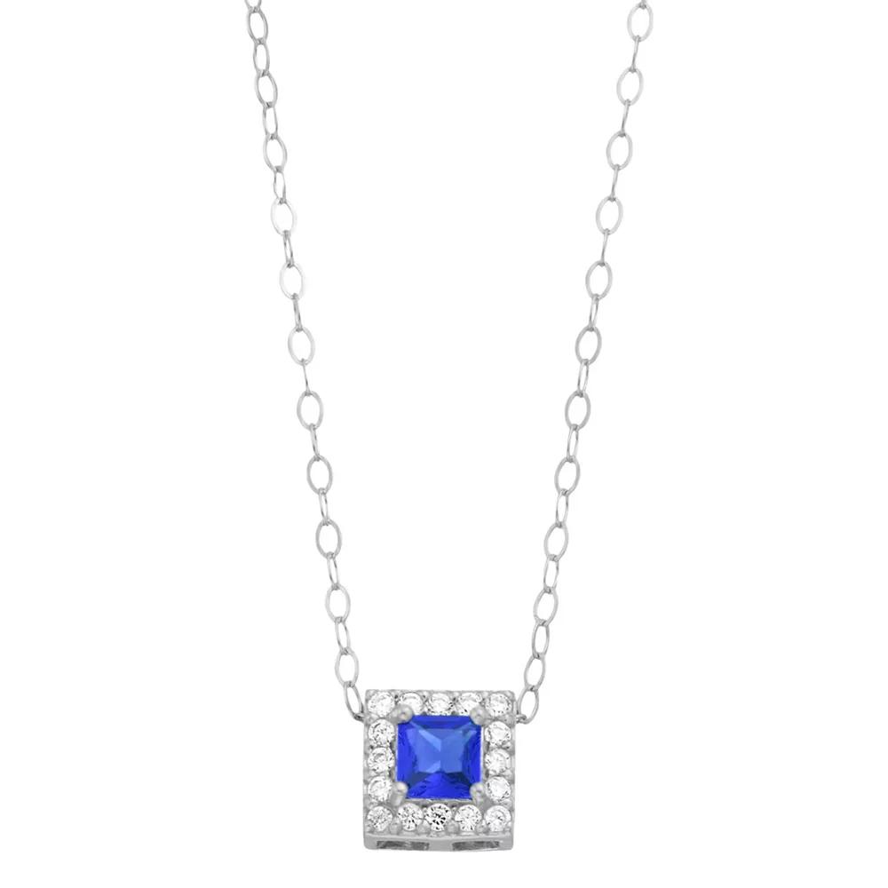 Aleure Precioso Sterling Silver Lab-Created Gemstone & Cubic Zirconia Square Halo Necklace, Women's, Size: 16", Sterling Silver Blue Product Image