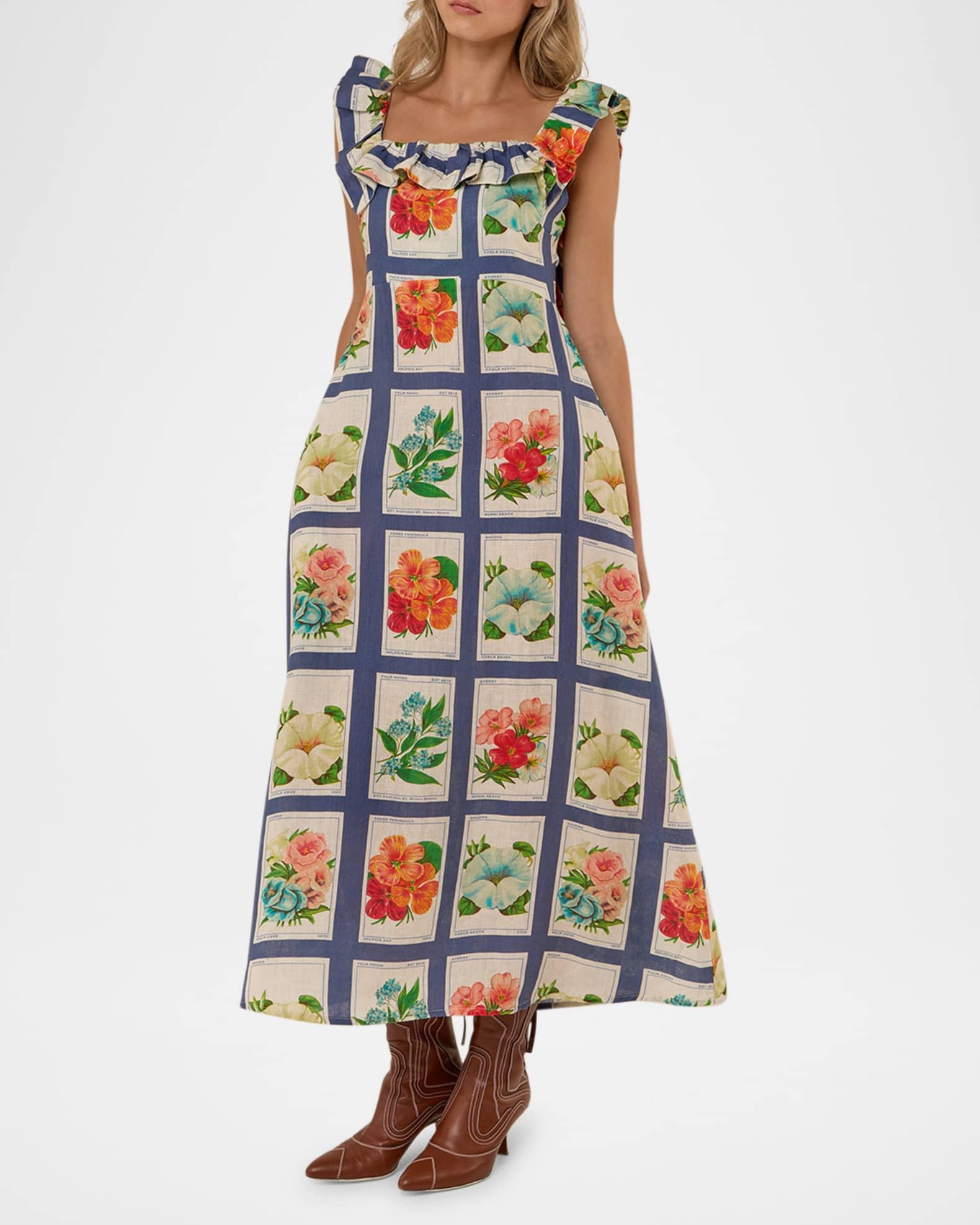 Ruffle-Trim Vintage Botanical Linen Maxi Dress Product Image