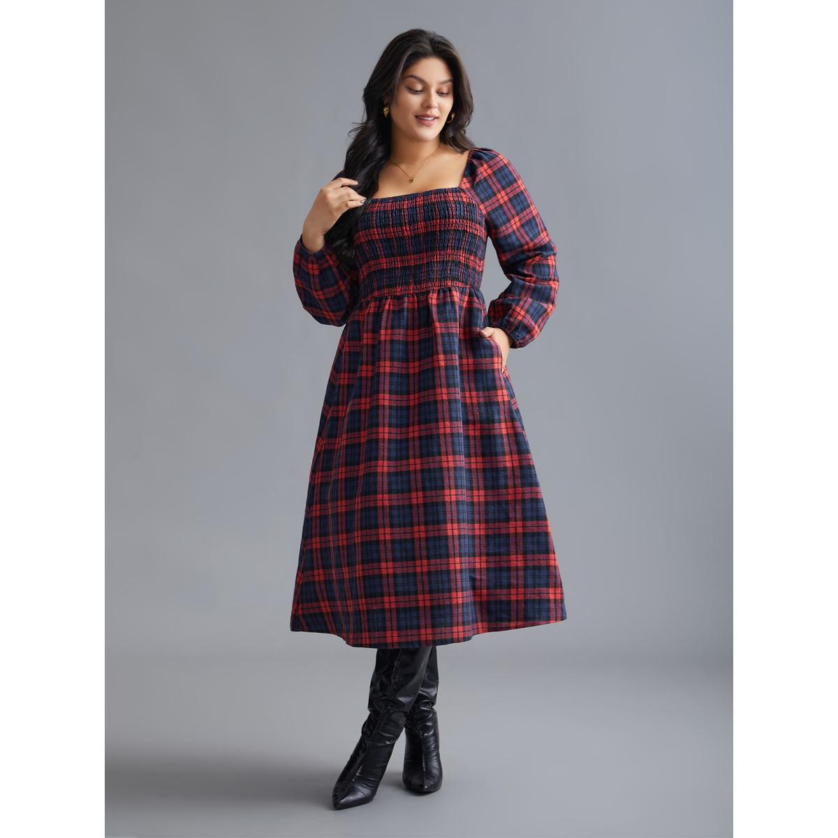 Plus Size Plaid Square Neck Shirred Midi Dress Scarlet Women Elegant Shirred Square Neck Long Sleeve Curvy BloomChic 18-20/2X Product Image