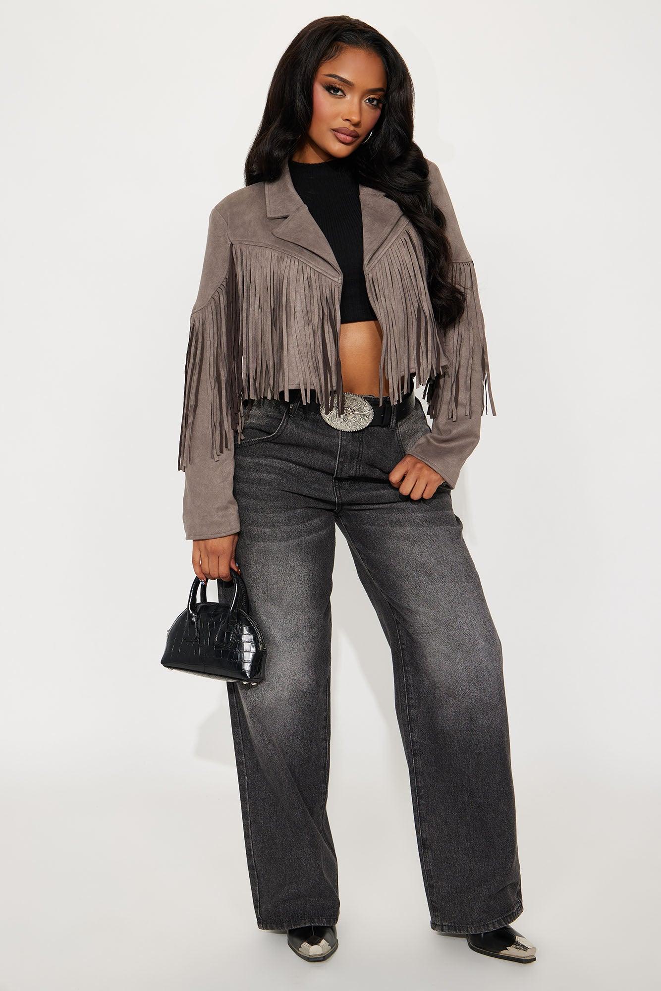 Rodeo Ready Fringe Faux Suede Jacket - Charcoal Female Product Image