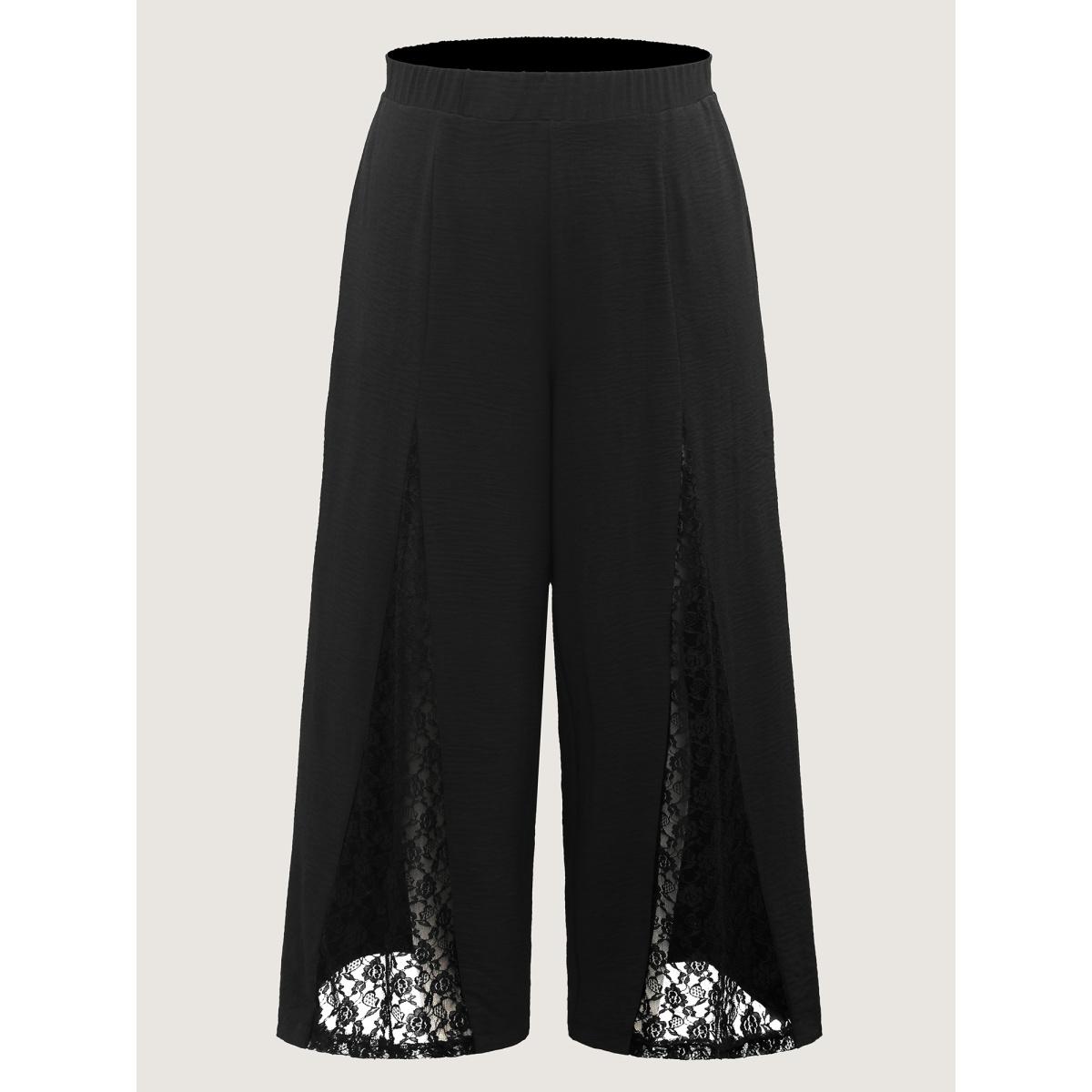 Plus Size Lace Trim Sheer Wide-Leg Pants Women Black Everyday-Elegant Pants BloomChic 14-16/1X Product Image