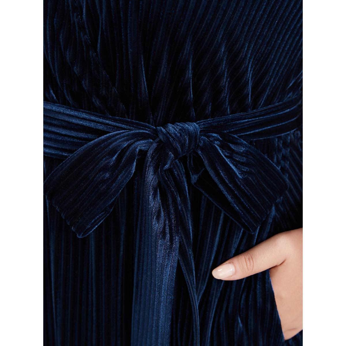 Plus Size Striped Velvet Pocket Lantern Sleeve Belted Wrap Dress DarkBlue Women Glamour Pocket V-neck Long Sleeve Curvy Midi Dress BloomChic 22-24/3X Product Image
