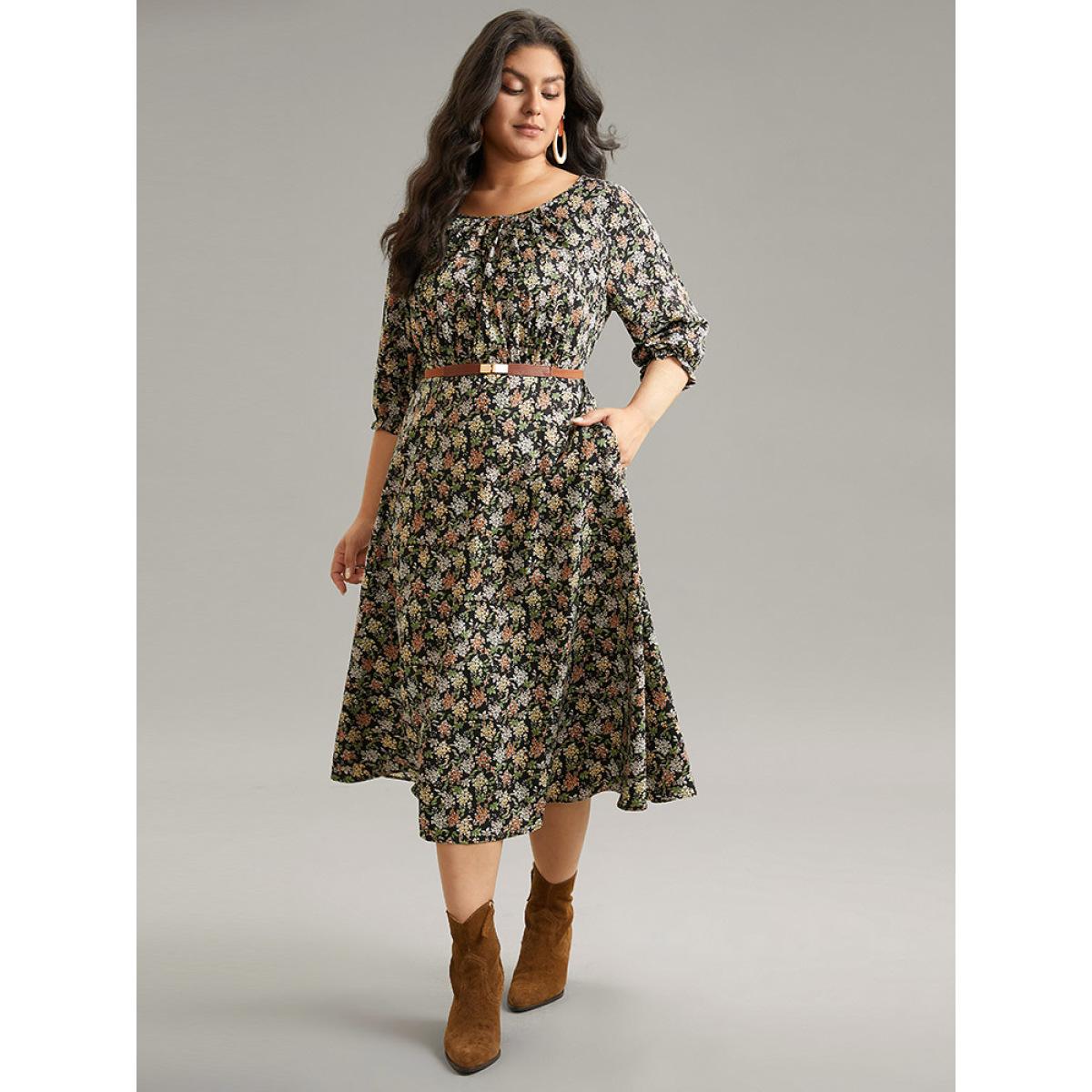 Plus Size Ditsy Floral Elastic Waist Pleated Dress Multicolor Women Vacation Printed Round Neck Elbow-length sleeve Curvy Midi Dress BloomChic 22-24/3X Product Image