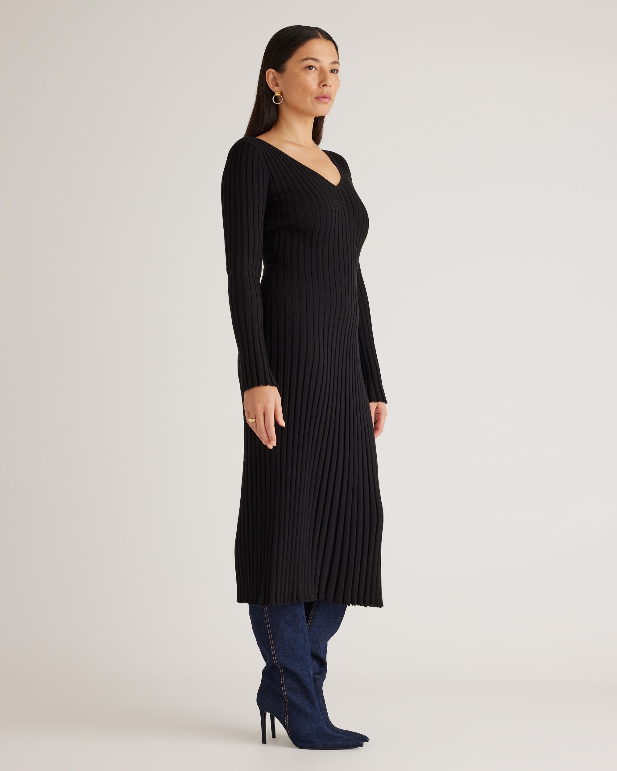 Quince | Women's Cotton Cashmere Ribbed Long Sleeve V-Neck Midi Dress Product Image