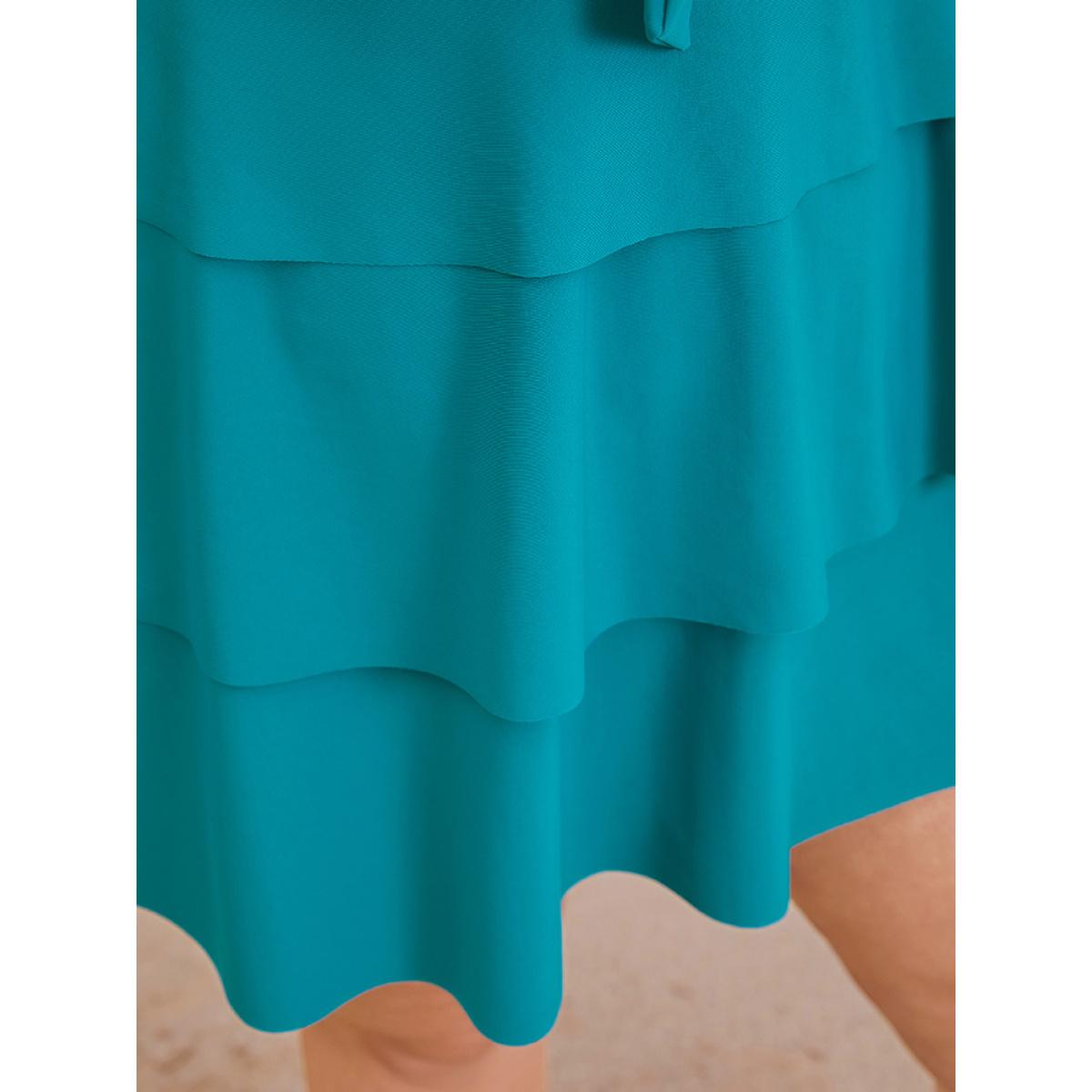 Plus Size Ruched Ruffle Tiered Knot Front Swim Dress Women's Swimwear Cerulean Vacation Bodycon V-neck High stretch Curve Swim Dresses BloomChic 18-20/2X Product Image