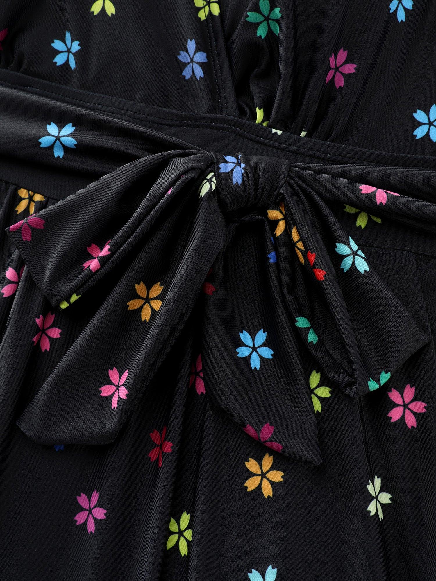 Floral Non-Removable Belt One-Piece Swimsuit Female Product Image