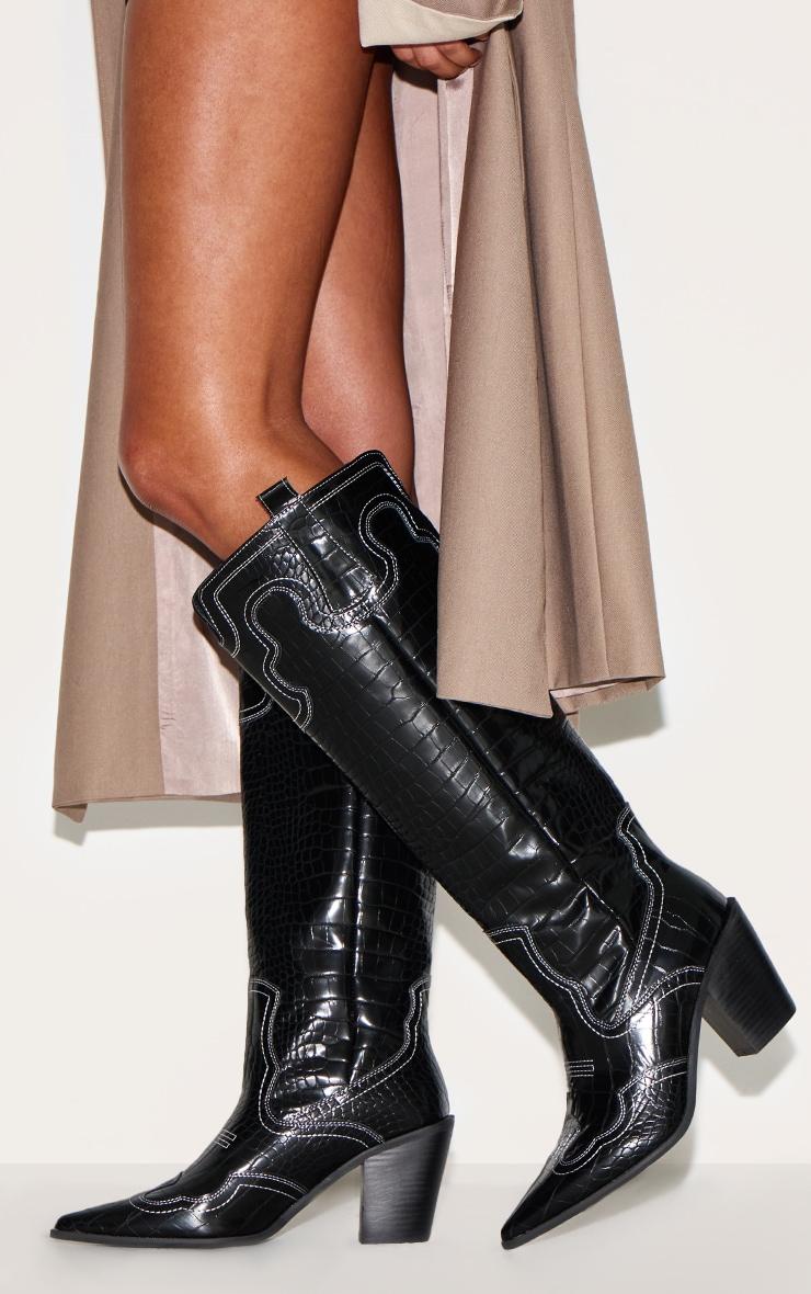 Black Croc Pu Point Toe Western Stitch Knee High Block Heeled Boots Product Image