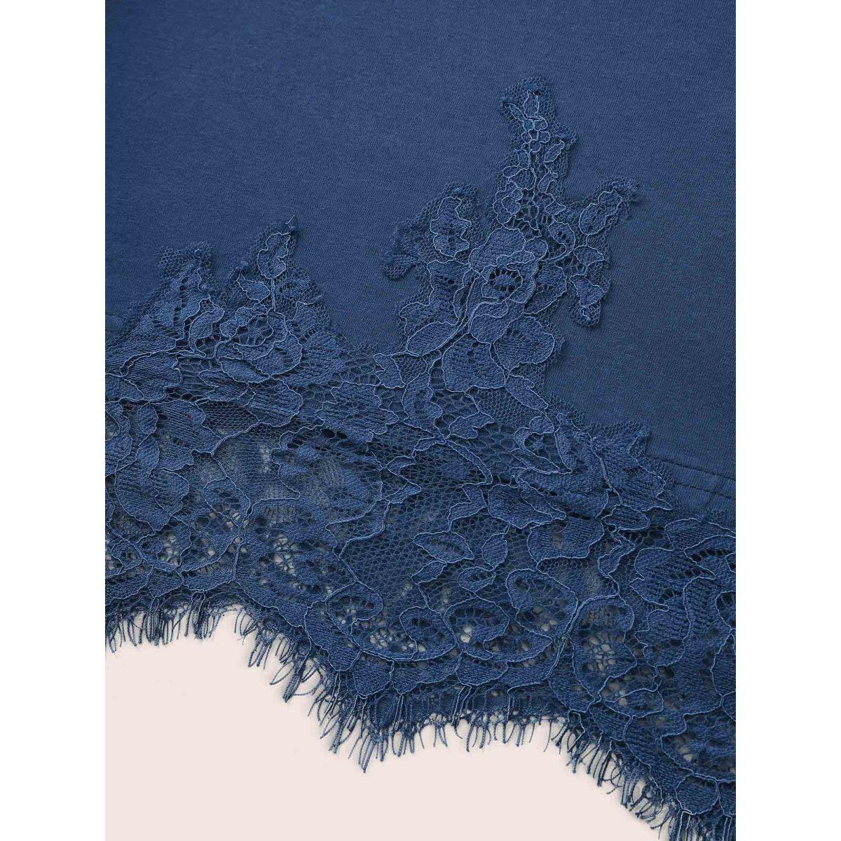 Plus Size Round Neck Solid Lace Panel T-shirt Indigo Women Elegant Patchwork Round Neck Everyday T-shirts BloomChic 12/L Product Image