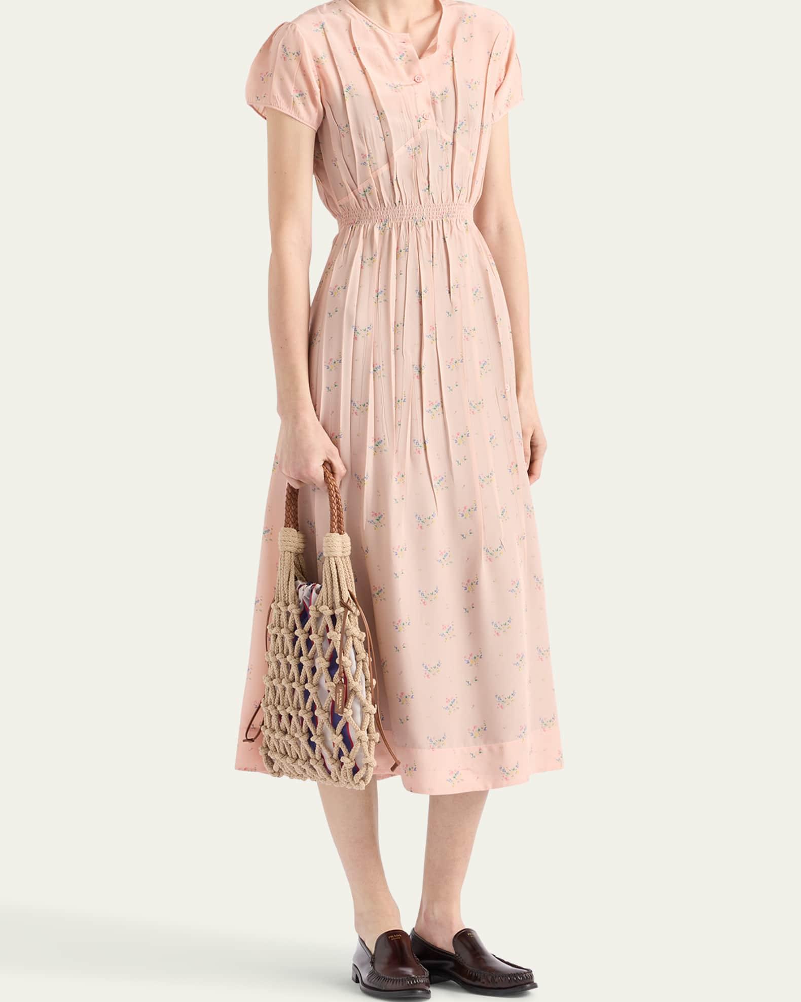 Flower-Print Silk Ponge Short-Sleeve Midi Dress Product Image