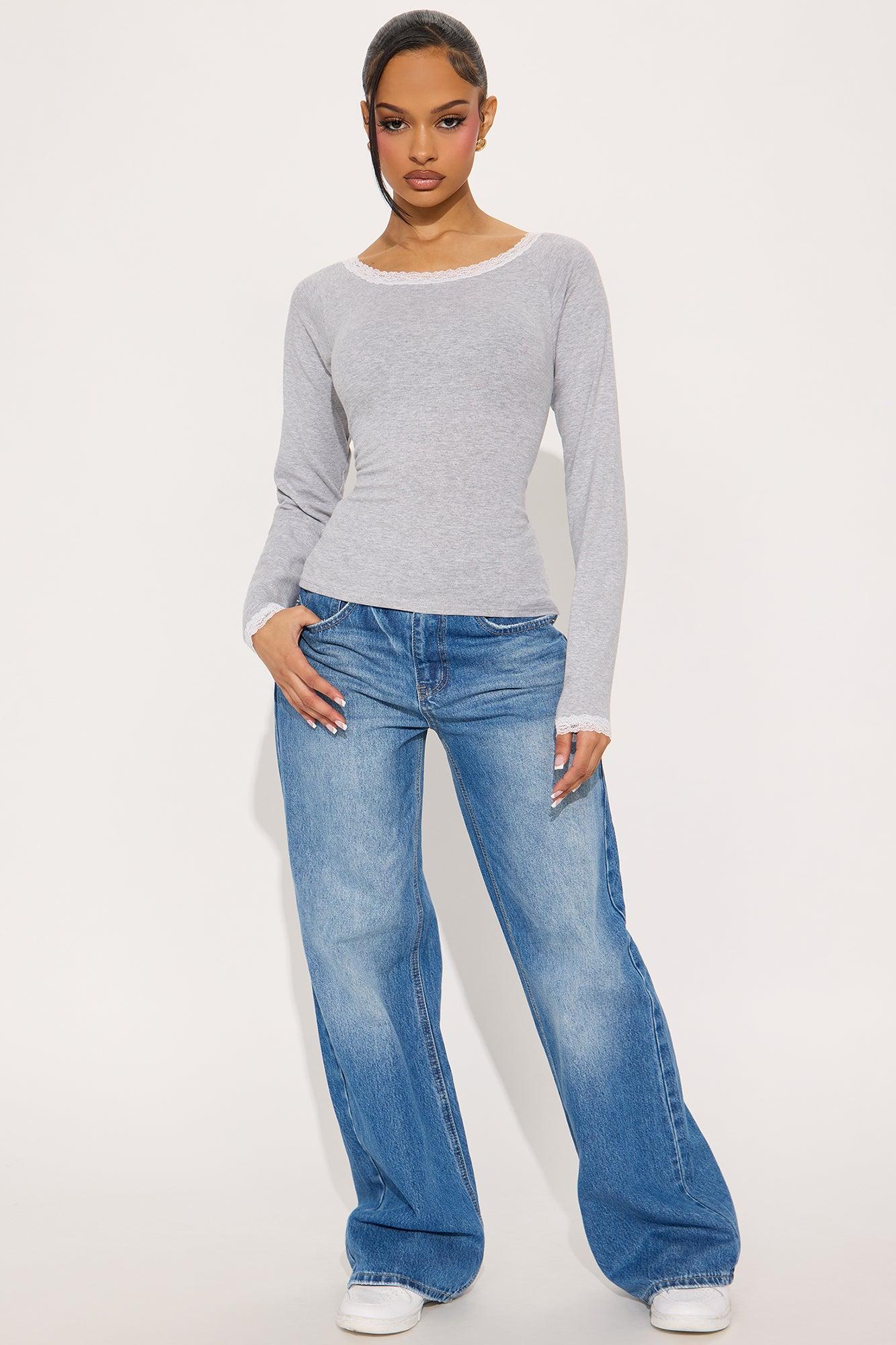 Lana Lace Trim Boat Neck Top - Heather Grey Product Image