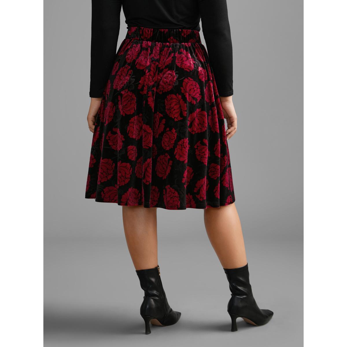 Plus Size Velvet Floral Elastic Waist Skirt Women BlackFlower Elegant Loose Low stretch Side seam pocket Everyday Skirts BloomChic 18-20/2X Product Image