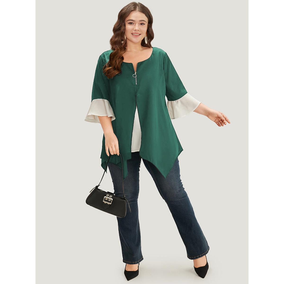 Plus Size Scarlet Anti-Wrinkle Contrast Zip Up Flutter Sleeve Hanky Hem Blouse Women Office Half Sleeve Round Neck Office Blouses BloomChic 30/6X Product Image