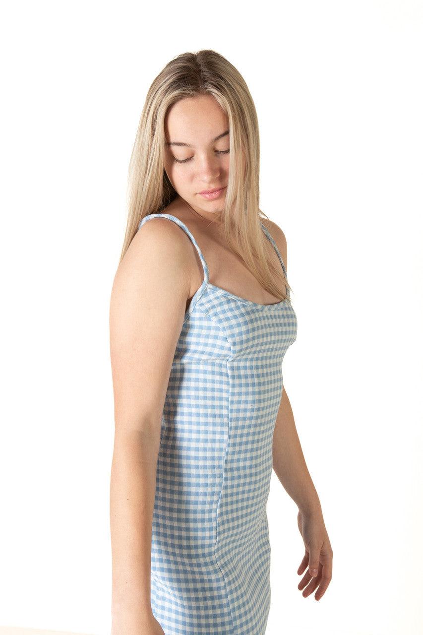 Blue Gingham Lace Up Back Mini Dress Product Image