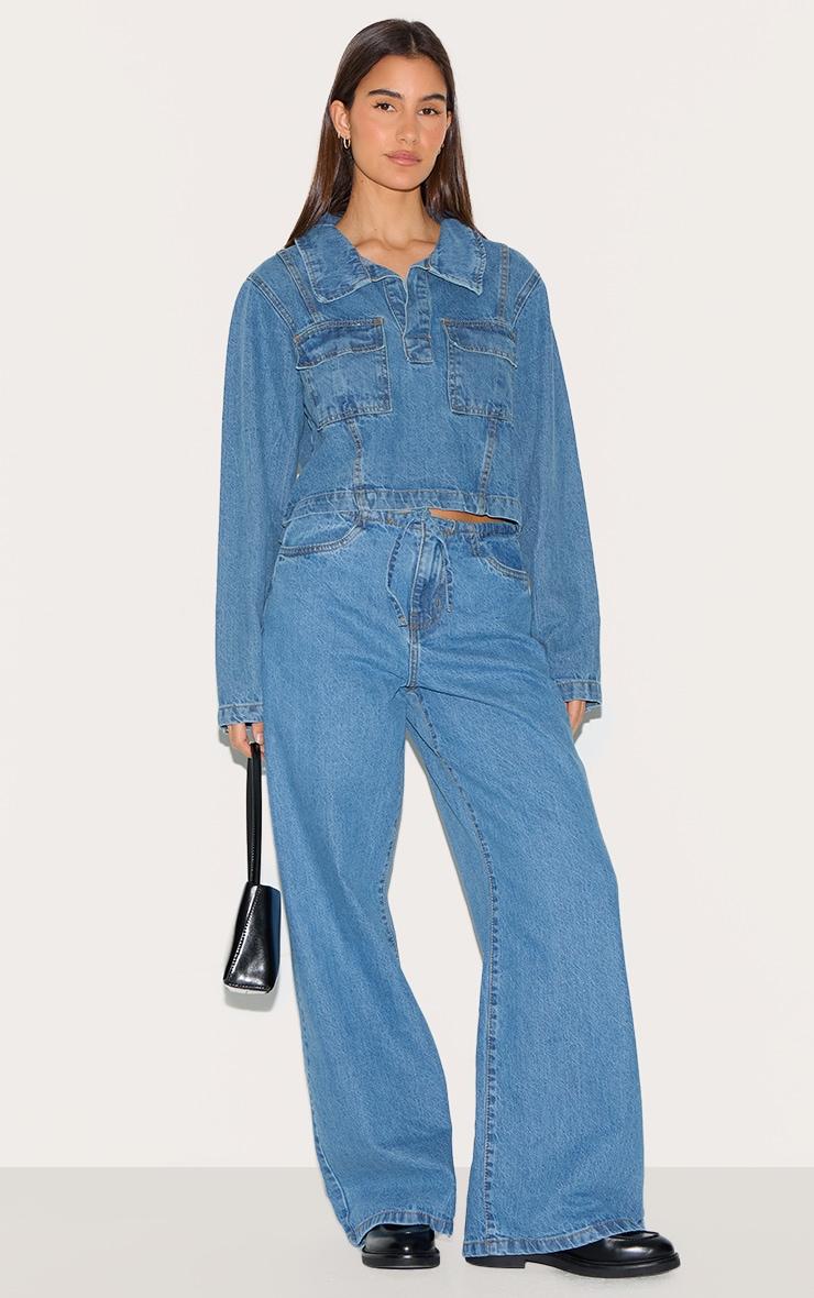 Mid Blue Wash Low Rise Tie Waistband Wide Leg Jeans Product Image