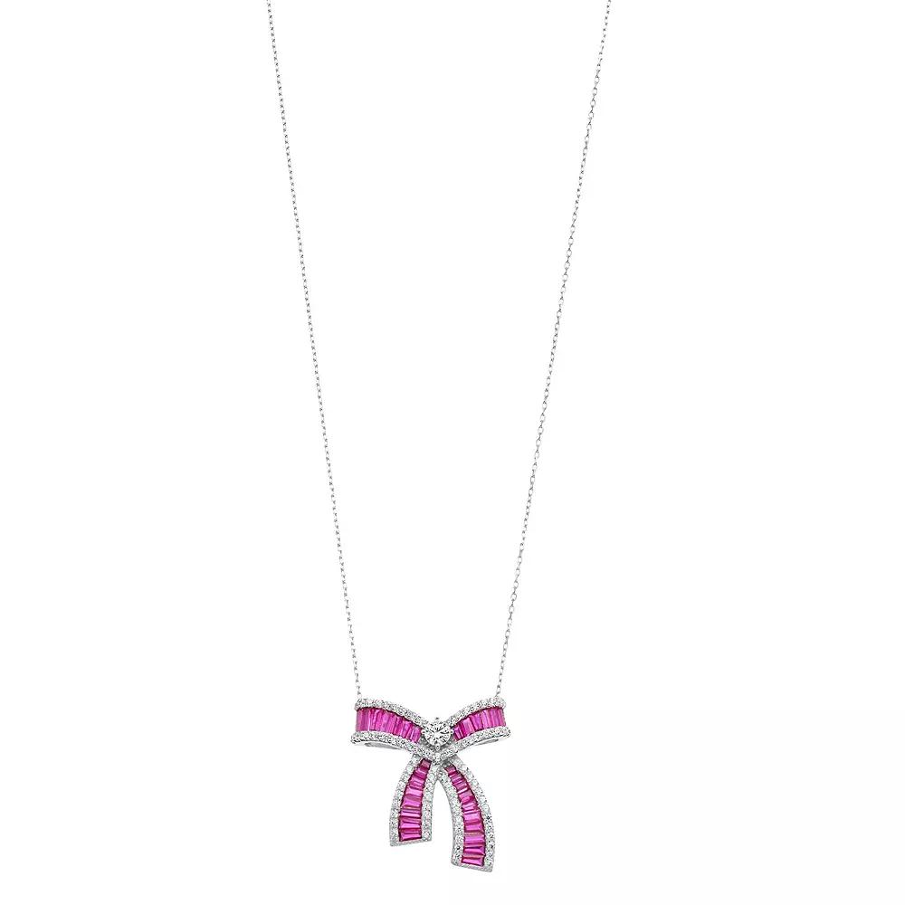 Sterling Silver Pink & Clear Cubic Zirconia Bowtie Necklace, Womens Product Image