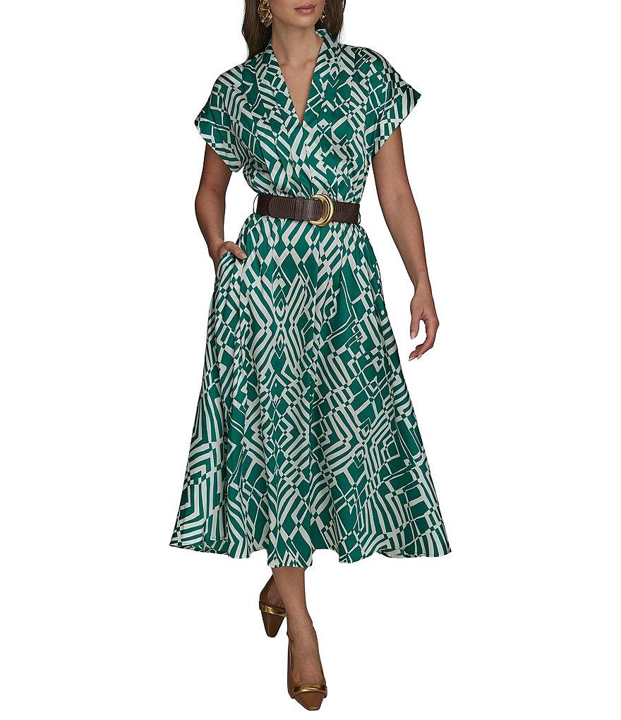 Donna Karan Twill Collared V-Neck Short Sleeve Belted A-Line Midi Dress Product Image