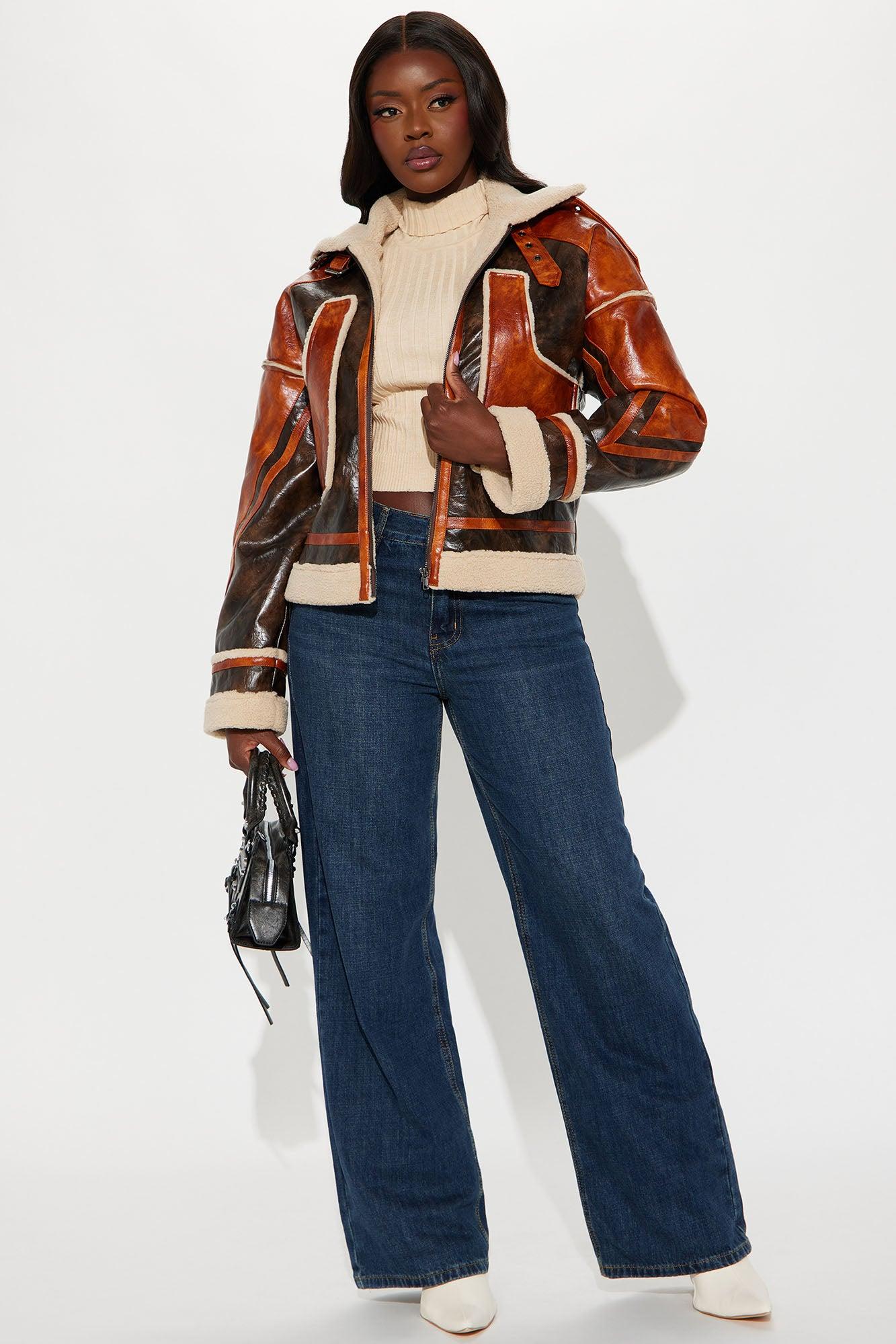 Jolene Washed Faux Leather Jacket - Brown/combo Product Image