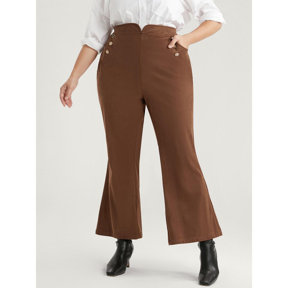 Plus Size Solid Pocket Button Detail Corduroy Flare Leg Pants Women DarkBrown Office Flare Leg High Rise Work Pants BloomChic 26/4X Product Image