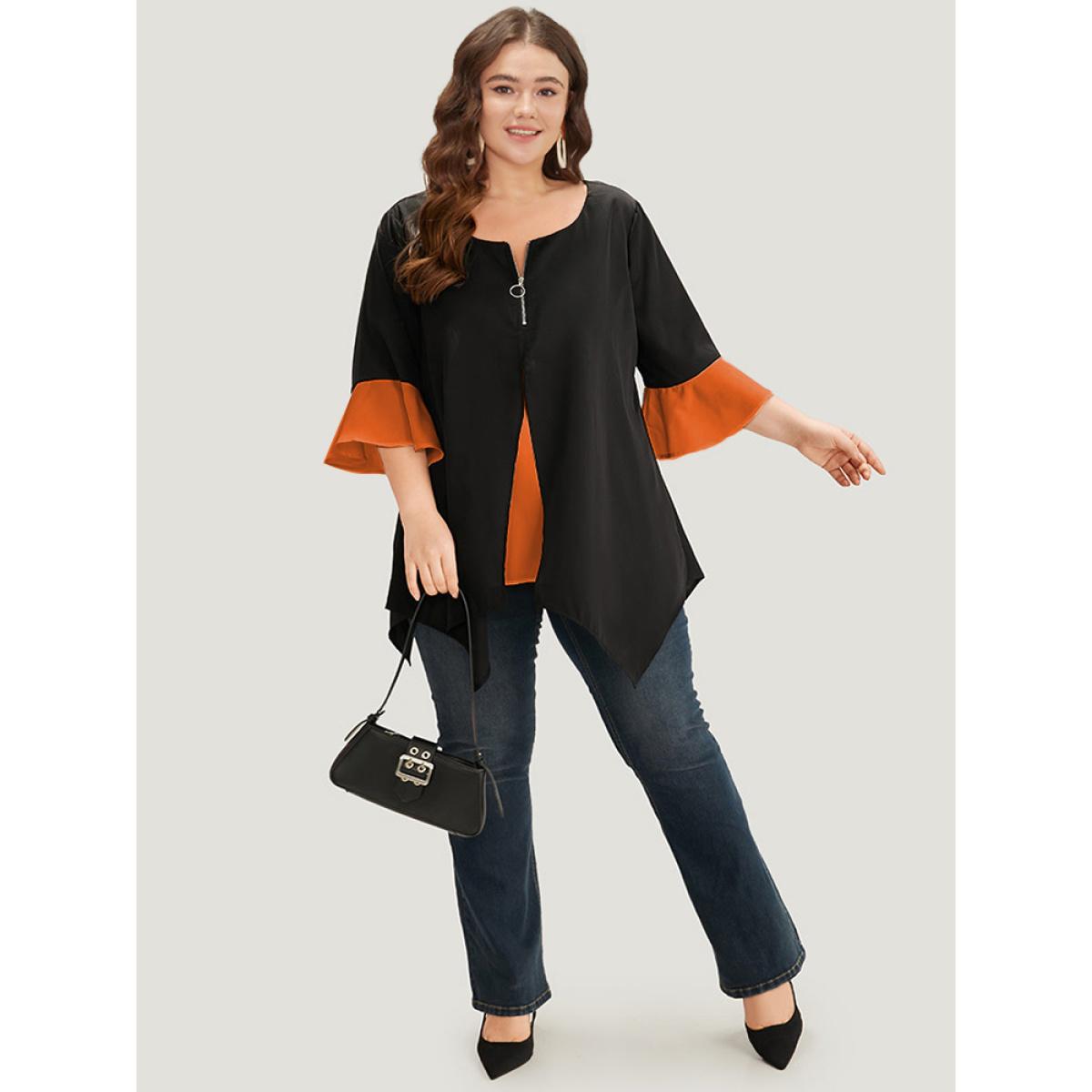 Plus Size Chocolate Anti-Wrinkle Contrast Zip Up Flutter Sleeve Hanky Hem Blouse Women Office Half Sleeve Round Neck Work Blouses BloomChic 10/M Product Image