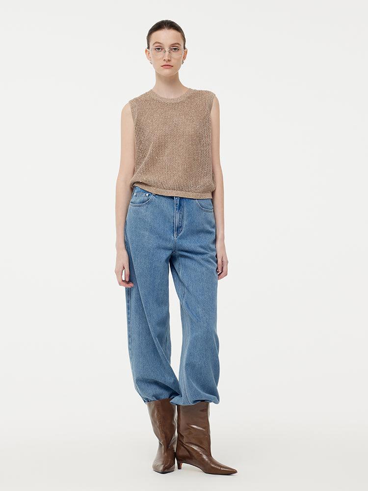 Linen Sequin-Embellished Women Open-Knit Tank Top Product Image