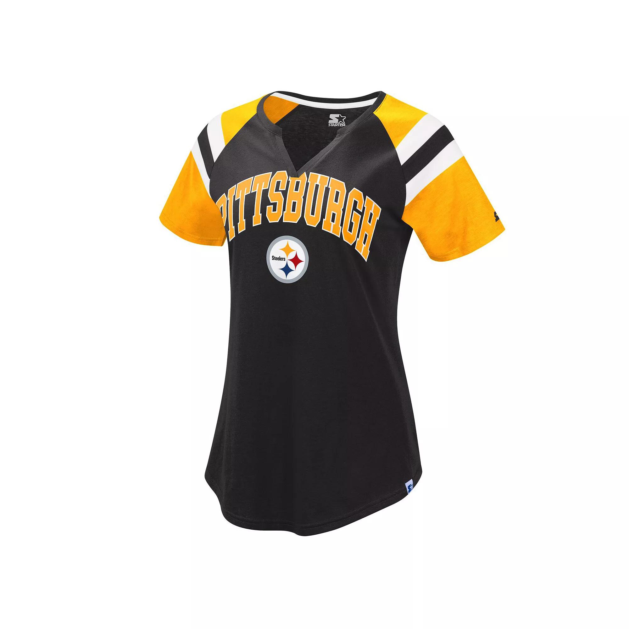 Women's Starter Black/Gold Pittsburgh Steelers Game On Notch Neck Raglan T-Shirt, Size: Large Product Image