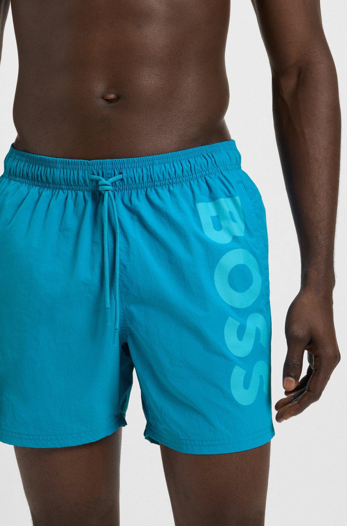 BOSS - Contrast-logo swim shorts in quick-drying fabric - Turquoise Product Image