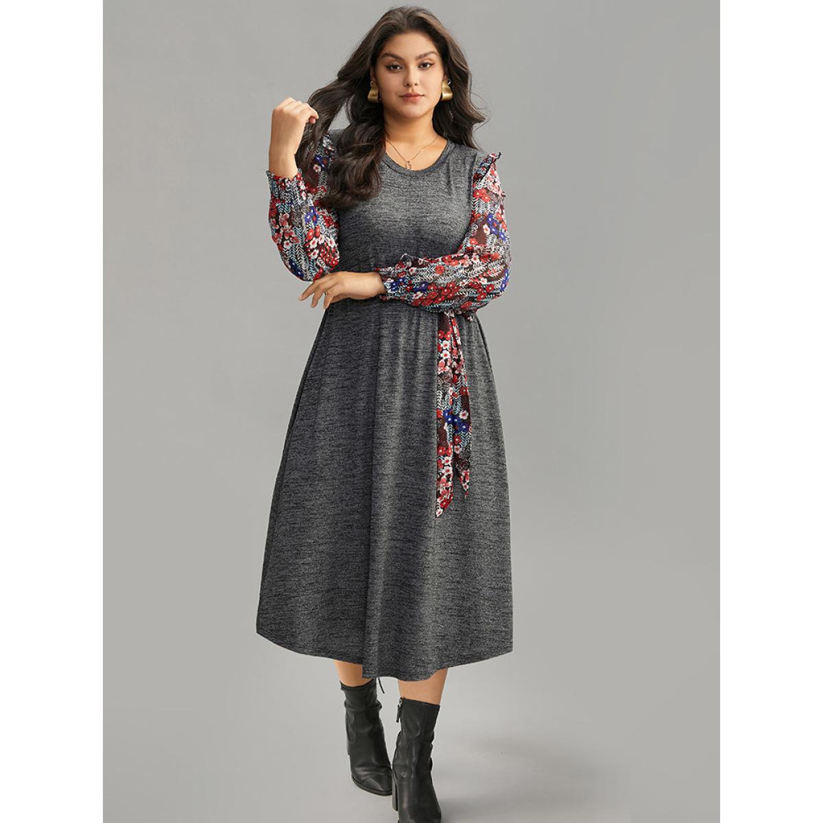 Plus Size Ditsy Floral Patchwork Ruffle Trim Belted Dress DimGray Women Casual Belted Round Neck Long Sleeve Curvy Midi Dress BloomChic 28/5X Product Image