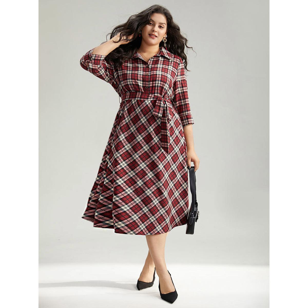 Plus Size Christmas Plaid Shirt Collar Button Up Belted Dress Burgundy Women Office Belted Shirt collar Elbow-length sleeve Curvy Midi Dress BloomChic 30/6X Product Image