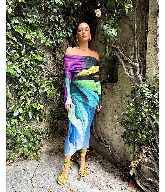 AFRM Cornelia Printed Off the Shoulder Long Sleeve Mesh Midi Dress Product Image