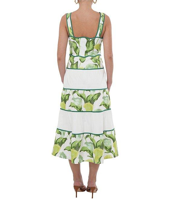 Adelyn Rae Lisha Woven Floral Leaf Print Square Neck Sleeve Scallop Trim Tiered A-Line Midi Dress Product Image