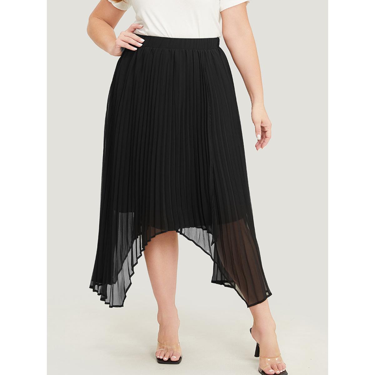 Plus Size Solid Mesh Pleated Detail Hanky Hem Skirt Women Black Elegant See through No stretch Dailywear Skirts BloomChic 18-20/2X Product Image
