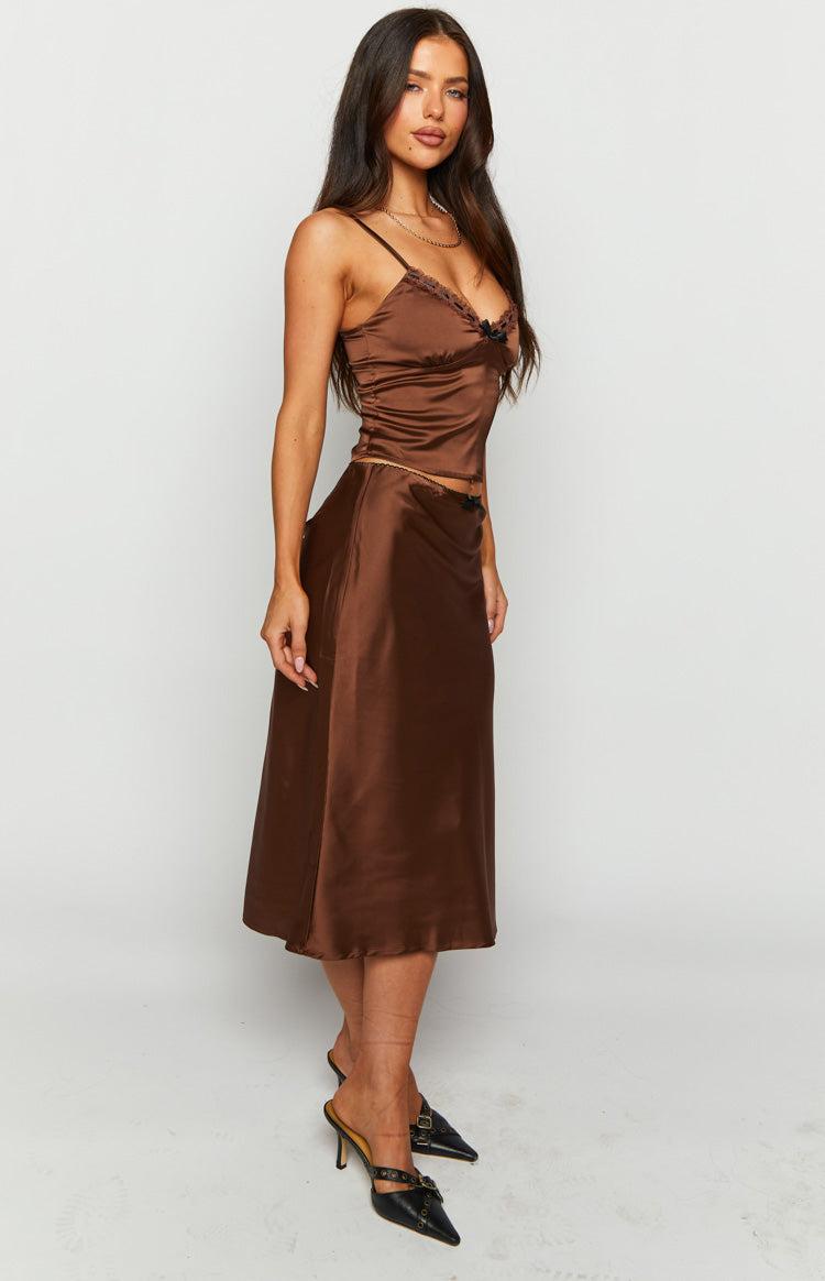 Khloe Brown Satin Midi Skirt Product Image
