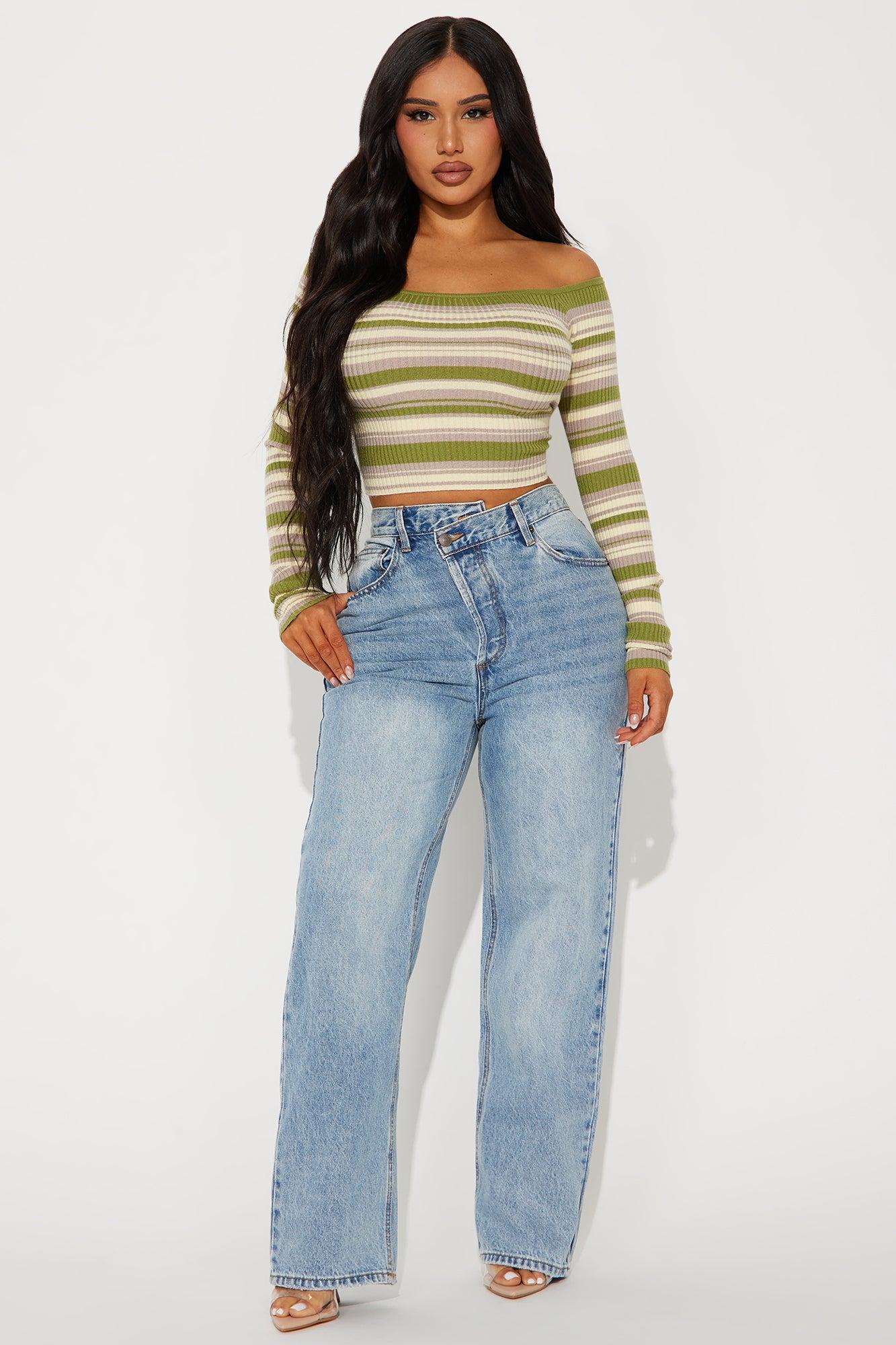 Madisyn Off Shoulder Striped Sweater - Green/combo Product Image