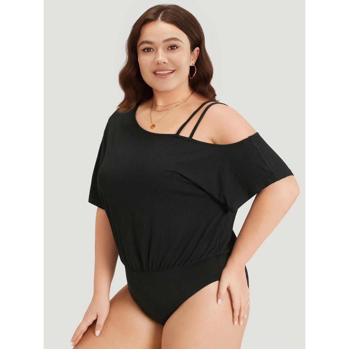 Plus Size Plain One Shoulder Batwing Sleeve Cami Bodysuit Women Black Plain One-shoulder Bodysuits BloomChic 22-24/3X Product Image