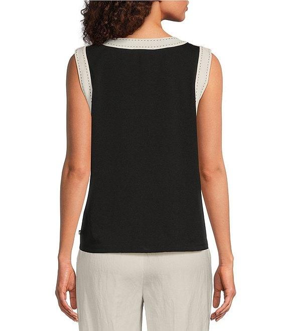 KARL LAGERFELD PARIS Knit Jersey Round Neck Sleeveless Contrast Trim Top Product Image
