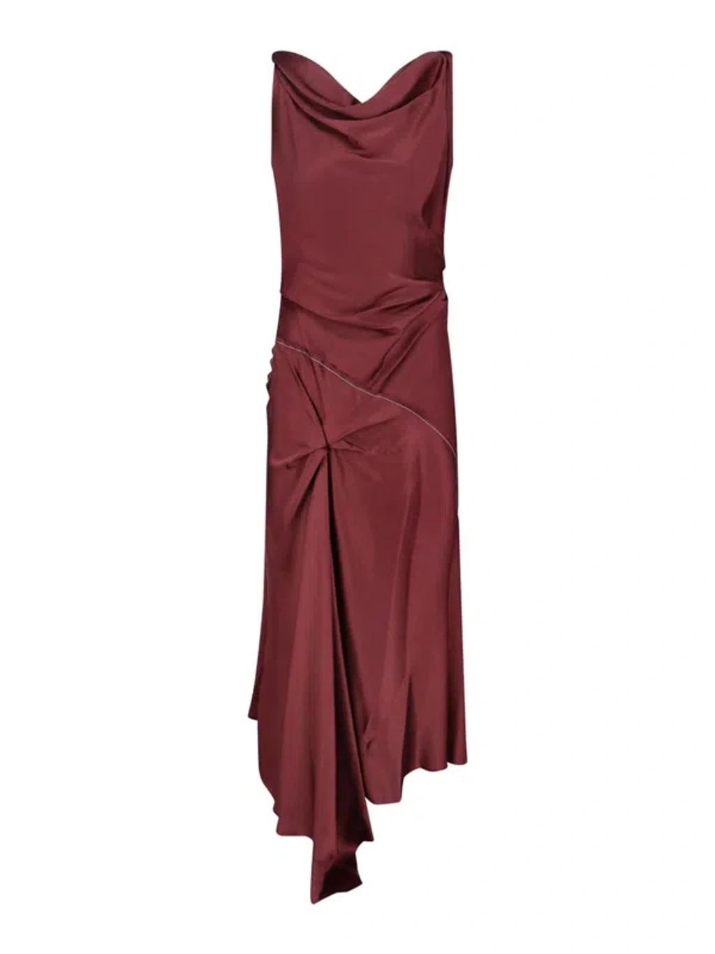 VICTORIA BECKHAM Asymmetric Draped Sleeveless Satin Midi Dress In Burgundy Product Image