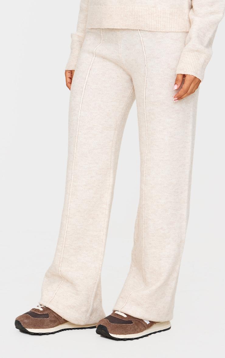 Petite Oatmeal Knitted Seam Detail Wide Leg Pants Product Image