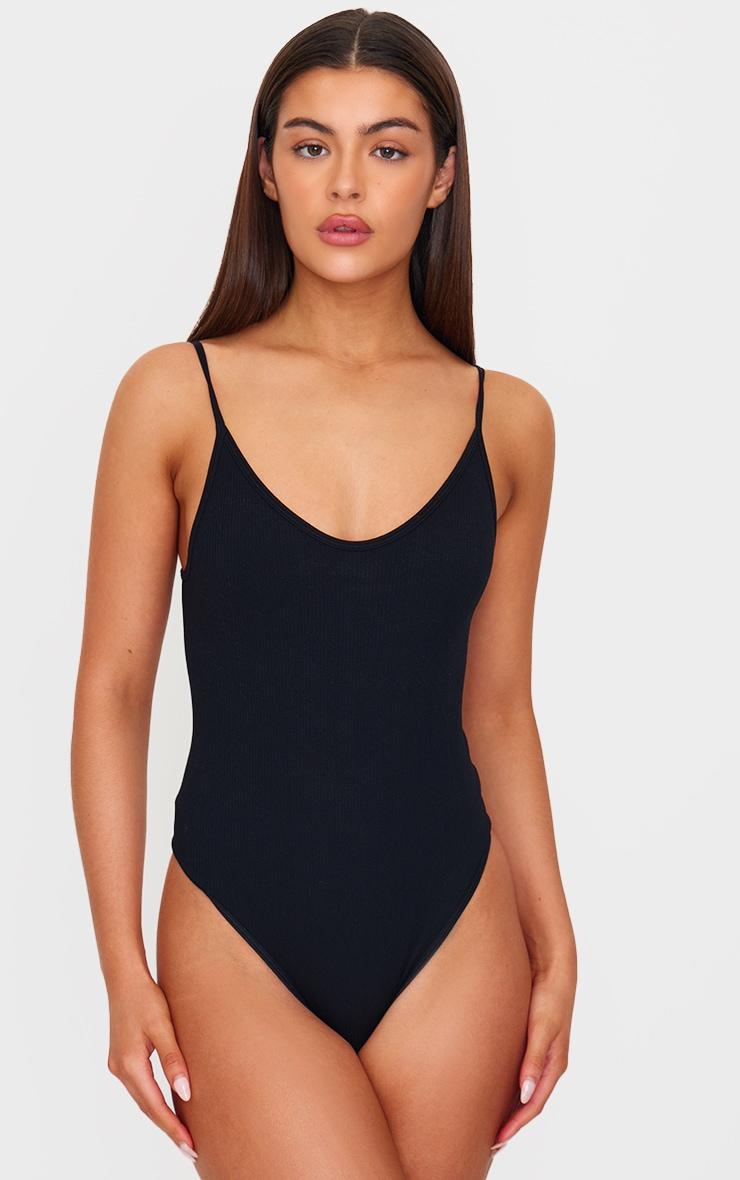 Black Snatched Rib Strappy Bodysuit Product Image